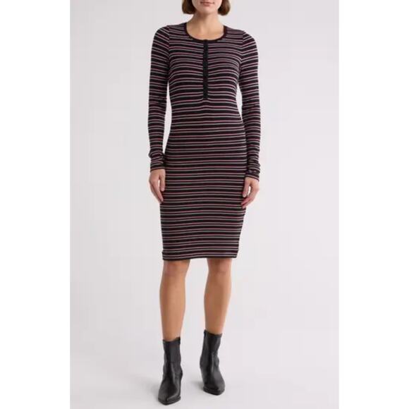 NEW! ATM Anthony Thomas Melillo LS Dress Striped in Black Pink Beige In Size M - Picture 1 of 7